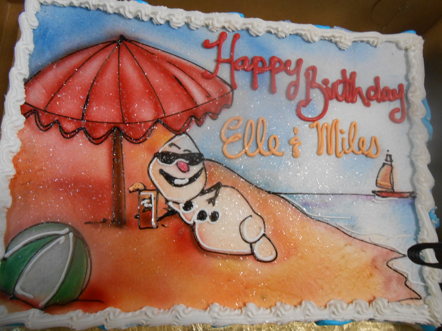 Hand-drawn Olaf from Frozen birthday cake