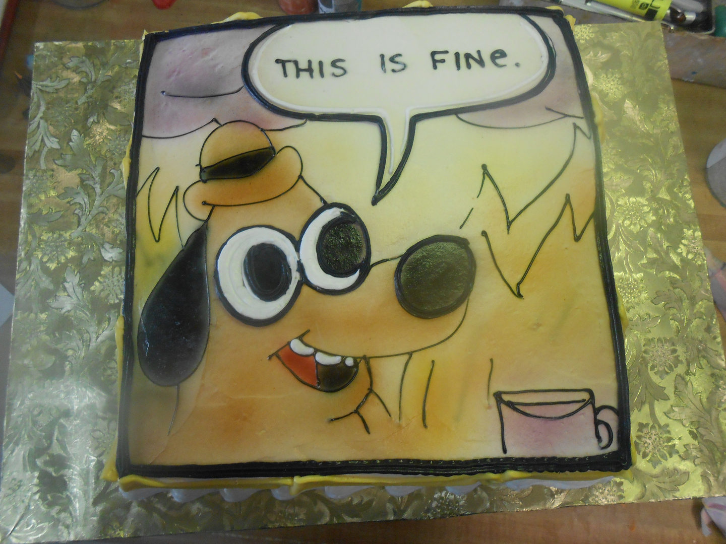 Hand drawn This Is Fine meme cake